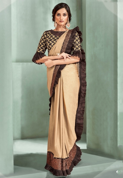 Beige lycra draped party wear saree  5315